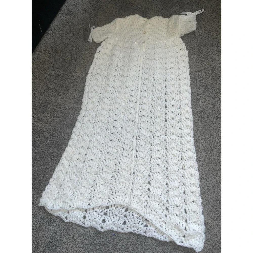 Vintage Hand Crochet Baby Christening Gown Bonnet White 29in Heirloom